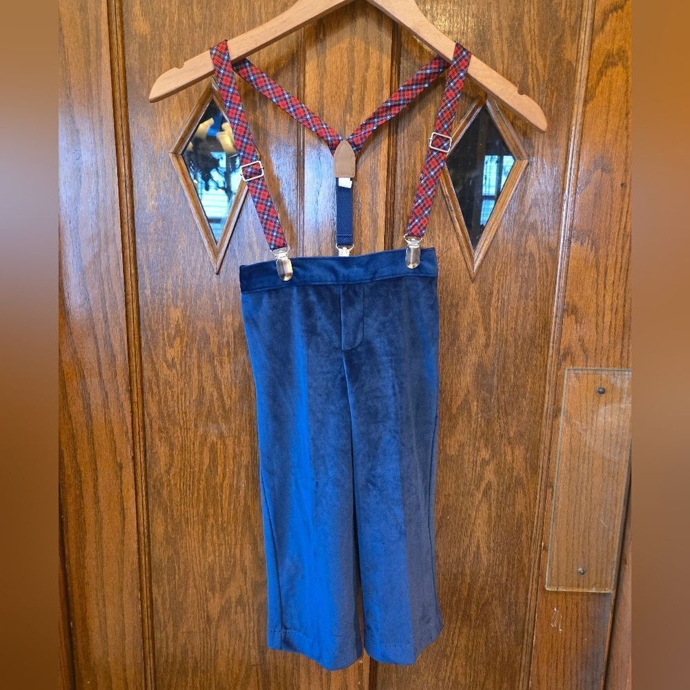 Blue Velvet Pants with Plaid Suspenders BOYS 24 MONTH